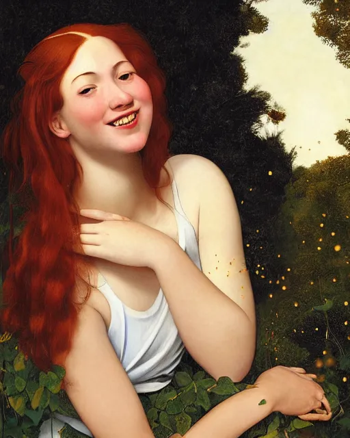 Prompt: a happy, modern looking young woman looking over shoulder, among the lights of golden fireflies and nature, long loose red hair, intricate details, green eyes, small nose with freckles, triangle shape face, smiling, golden ratio, high contrast, hyper realistic digital art by artemisia lomi gentileschi and caravaggio and artgerm.