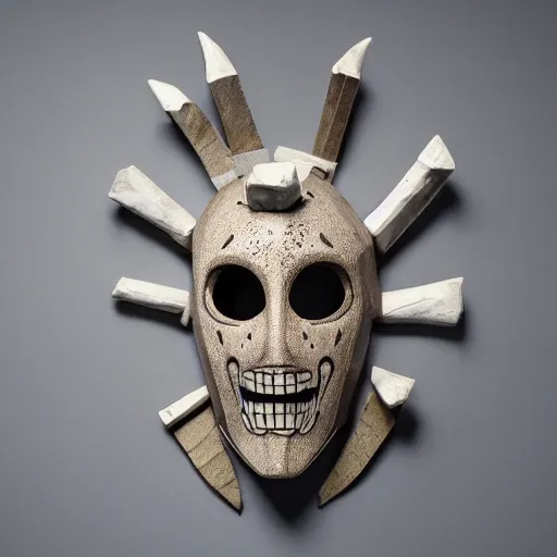 Image similar to symmetrical product photograph of a highly detailed ominous mask made from fragmented bone and obsidian, angry