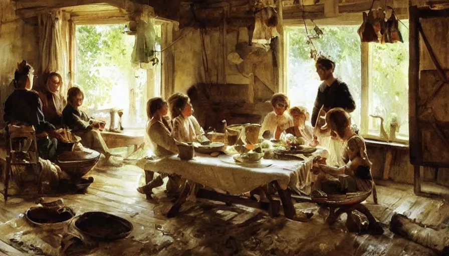 Image similar to simple villager family about to eat a meal together in their beautiful simple cottage home, art by anders zorn, wonderful masterpiece by greg rutkowski, beautiful cinematic light, american romanticism thomas lawrence, greg rutkowski