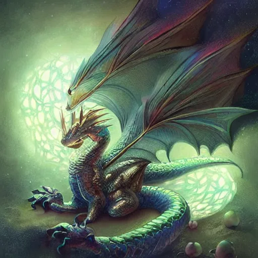 Image similar to a hyperrealistic illustration of a cute and tiny dragon that glows in the dark, dragon baby, glow in the dark, fractal moonlight, little dragon with glowing scales, award - winning, masterpiece, in the style of tom bagshaw, cedric peyravernay, peter mohrbacher