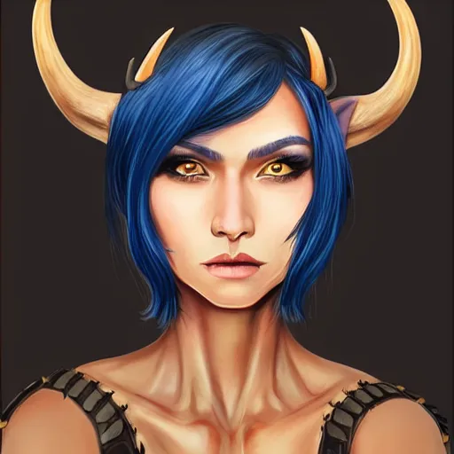 Image similar to illustrated realistic portrait of prong-horned devil woman with blue bob hairstyle and her tan colored skin and with solid black eyes wearing leather by rossdraws