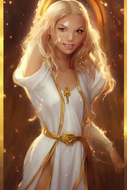 Prompt: Pretty Female Cleric, skintight white robes, golden details!, church background!, golden hair, green eyes, light brown skin!, detailed face, cute grin!, DND, D&D, low fantasy, by WLOP, Stanley Artgerm Lau, frank frazetta, Rossdraws, James Jean, artgerm, trending on Arstation, artstationHD, artstationHQ, cgsociety, HD 16K, extremely detailed, face details, pose