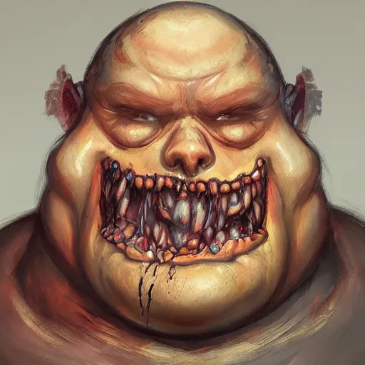 Prompt: a detailed portrait of a fat zombie, by justin gerard, digital art, realistic painting, dnd, character design, trending on artstation