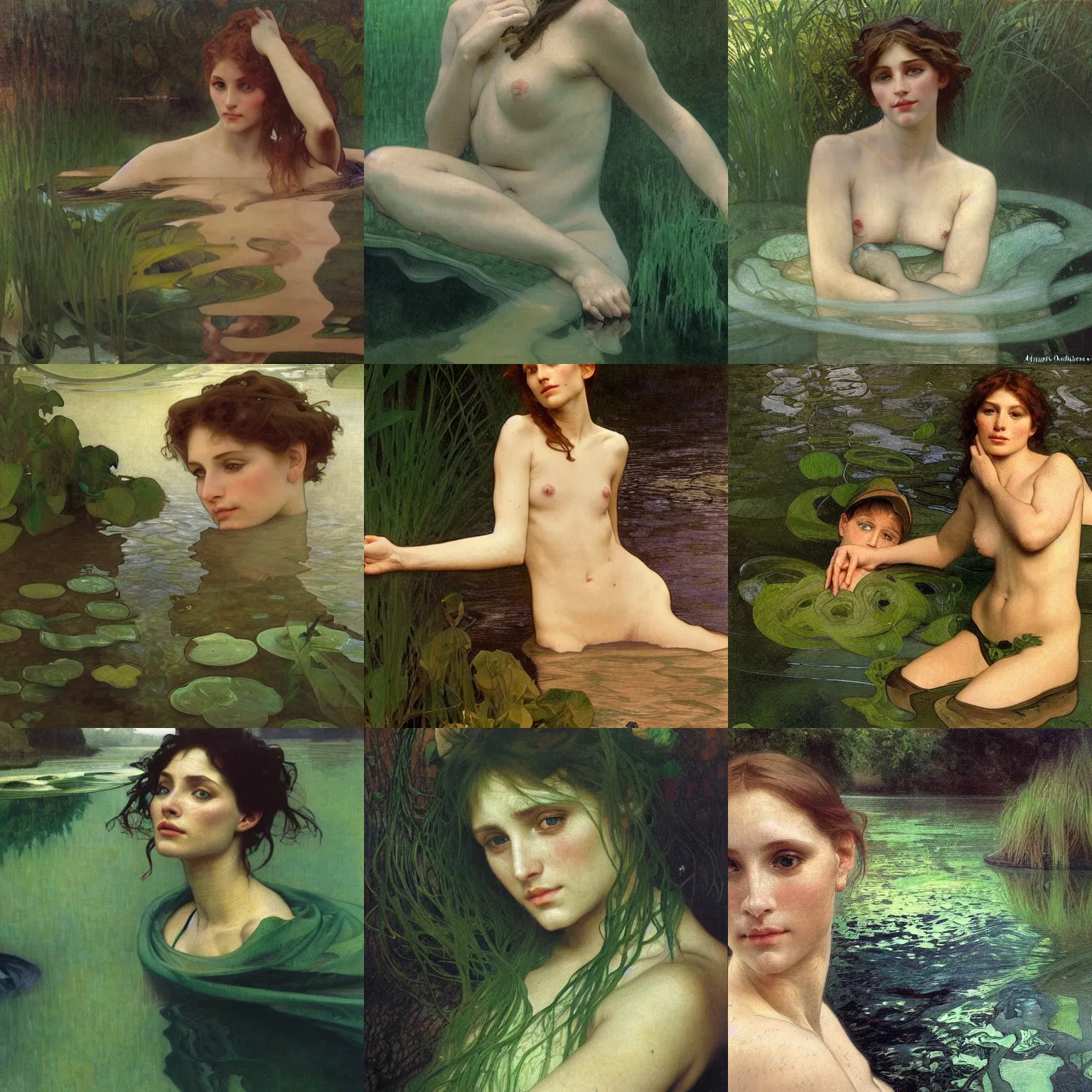 Prompt: hyperrealist portrait in a river, floating, dark green water, algae, by alphonse mucha and lucian freud and bouguereau, fog twilight lighting, very detailed faces