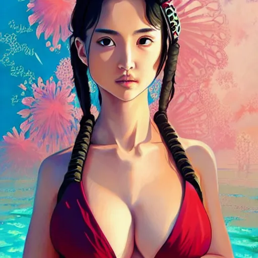 Prompt: a beautiful young japanese natalie portman alluring gravure model, stylized concept art, wearing big elaborate designer bomber jacket and one piece bikini, bomber jacket with mesoamerican patterns, mesoamerican native street fashion, princess mononoke, painted by ilya kuvshinov aesthetic, gorgeous, stunning, alluring, attractive, artstation, pinterest, digital art