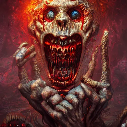 Prompt: horrifying monster in hell, maximalist, high detail, 8k, ornate, dark fantasy, realistic, masterpiece, Trending on art station, complex, WLOP