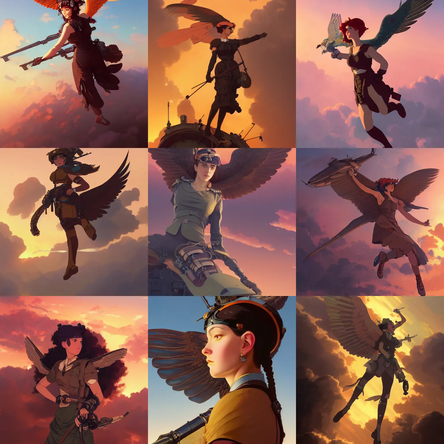Prompt: portrait of a dieselpunk valkyrie taking flight into a vivid sunset, finely illustrated face, highly detailed, digital painting, studio ghibli key visual, in the style of ilya kuvshinov and krenz cushart and william - adolphe bouguereau