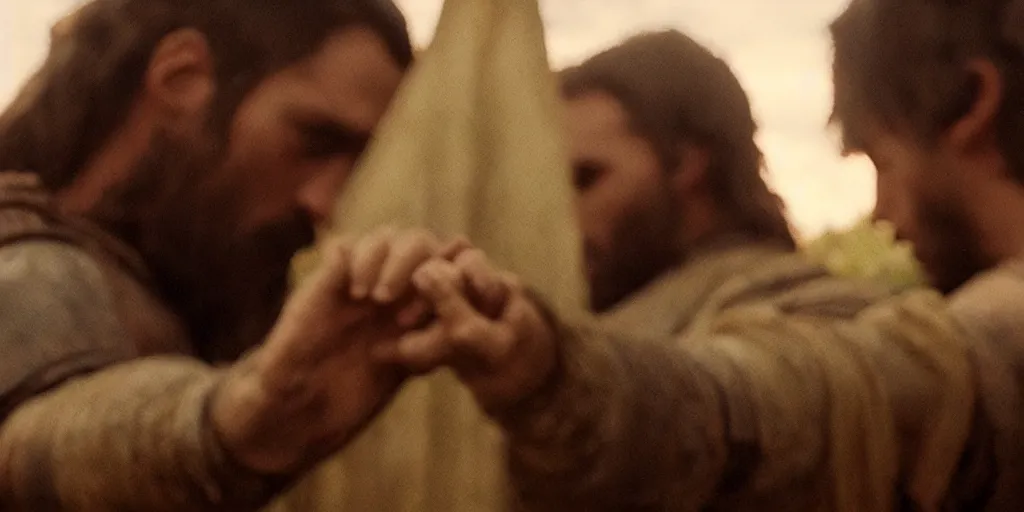 Prompt: film still of closeup a one knight stands on knee with a bloody heart in his outstretched hand by emmanuel lubezki