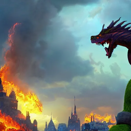 Image similar to shrek riding a fire breathing dragon over a city in flames, ethereal, matte painting