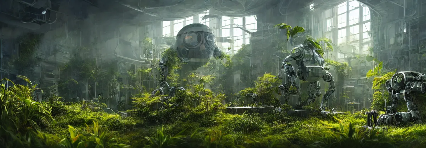 Prompt: brightly sunlit partially overgrown with plants and recently abandoned chemistry scientific laboratory from the distant future staffed by one dysfunctional dilapidated multiarmed bipedal robot, science fiction industrial hard science concept art, 8K render octane high definition cgsociety