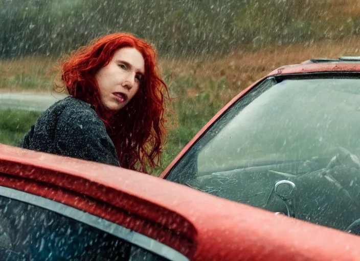 Image similar to A very high resolution image from a new movie, landscape from a car window , teen red hair woman, raining, hot, directed by wes anderson