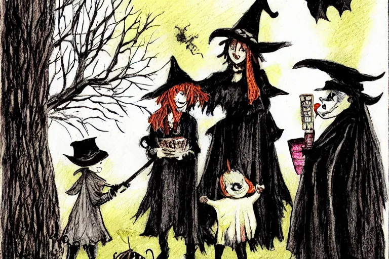 Image similar to a witch handing out candy, trick or treaters halloween night, colored pencil ink wash by scott wills and ashley wood