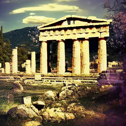 Image similar to a photograph of an ancient greek temple, surrounded by flying air bisons, dreamy, blooming ecosystem,