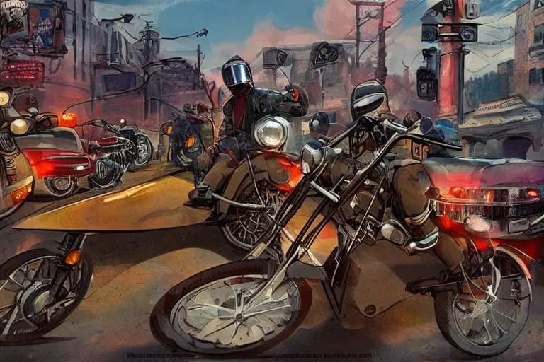 Prompt: motorcycles outside of bar roadside illustration by jack kirby artstation 4 k 8 k graphic novel concept art matte painting