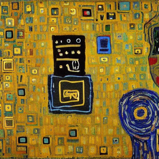 Prompt: artificial intelligence painting by Vincent van Gogh klimt Jean-Michel Basquiat