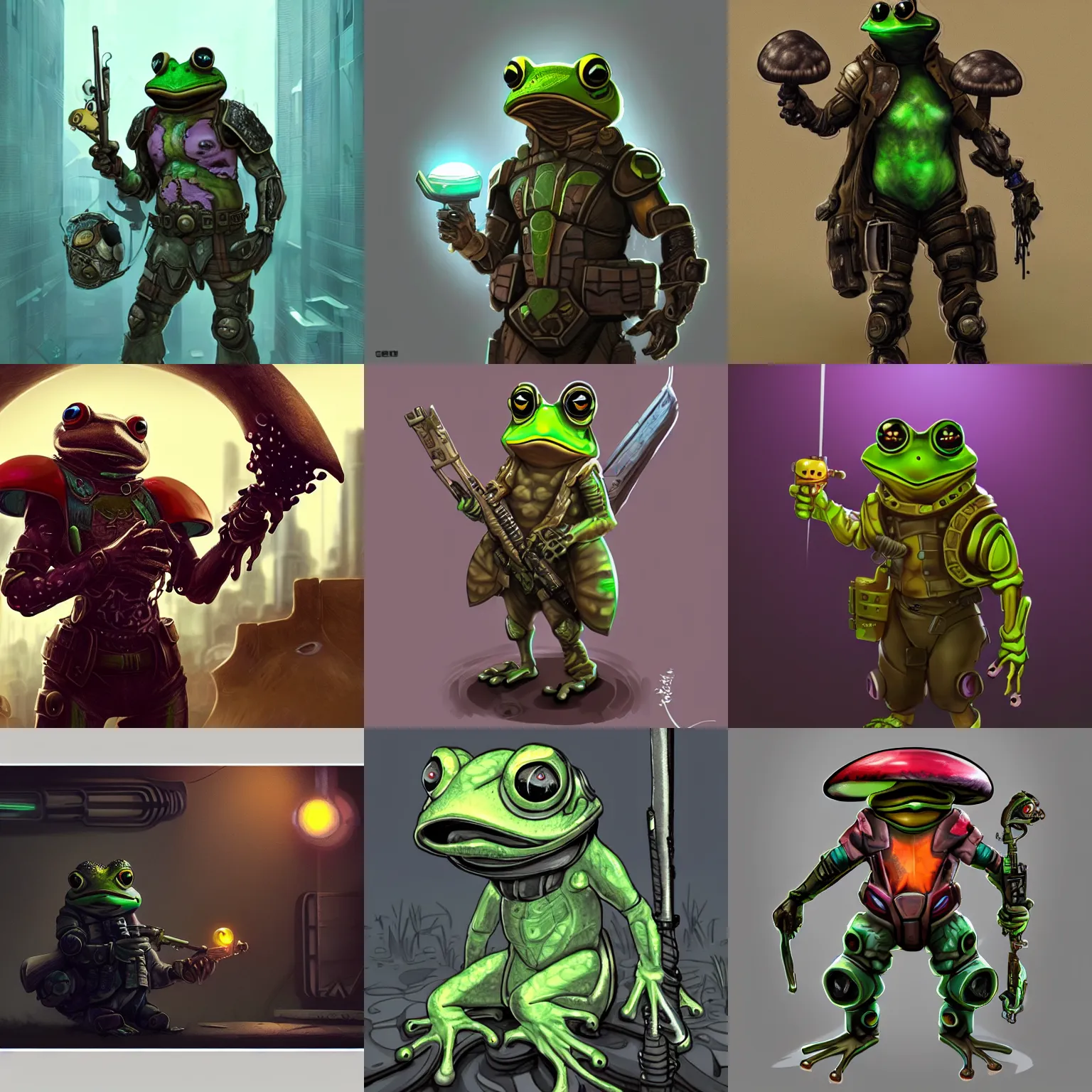 Prompt: cyberpunk frog warrior with a mushroom shield, cartoon, artstation, cgsociety, ambient lighting