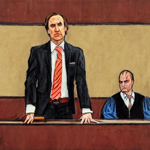 Prompt: saul goodman defending michael scorn in acourt, courtroom painting