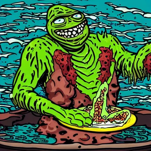 Prompt: the creature from the black lagoon taking a bath in radioactive waste and eating pizza realistic