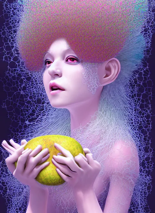 Image similar to hyper detailed 3d render like a Oil painting - kawaii portrait Aurora (white haired Singer Weasle) seen Eating of the Strangling network of yellowcake aerochrome and milky Fruit and Her delicate Hands hold of gossamer polyp blossoms bring iridescent fungal flowers whose spores black the foolish stars by Jacek Yerka, Mariusz Lewandowski, Houdini algorithmic generative render, Abstract brush strokes, Masterpiece, Edward Hopper and James Gilleard, Zdzislaw Beksinski, Mark Ryden, Wolfgang Lettl, hints of Yayoi Kasuma, octane render, 8k