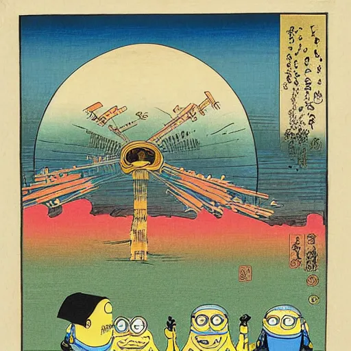 Prompt: minions eating large pieces of matzah, colorful background, in the style of Utagawa Hiroshige