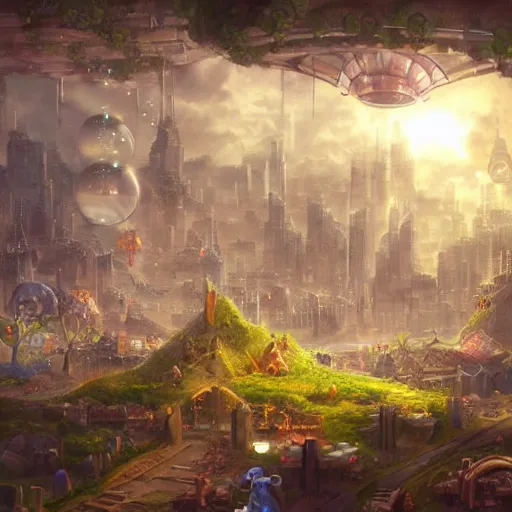 Image similar to a bubble terrarium utopia, with cities galore, dynamic lighting, fantasy concept art, trending on art station, stunning visuals, creative, cinematic, ultra detailed