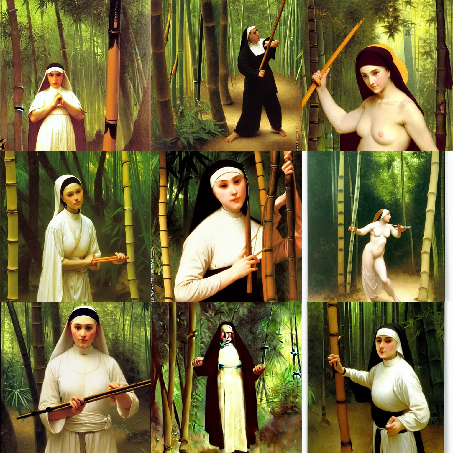 Prompt: portrait of a nun practicing nunchaku in a bamboo forest, by bouguereau