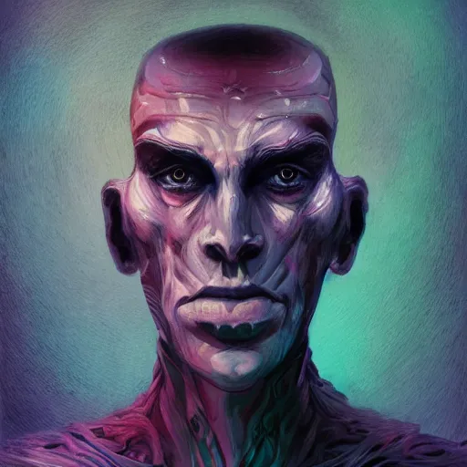 Image similar to scifi character portrait of man in the style of android jones and zdzislaw beksinski, 1 / 4 headshot.