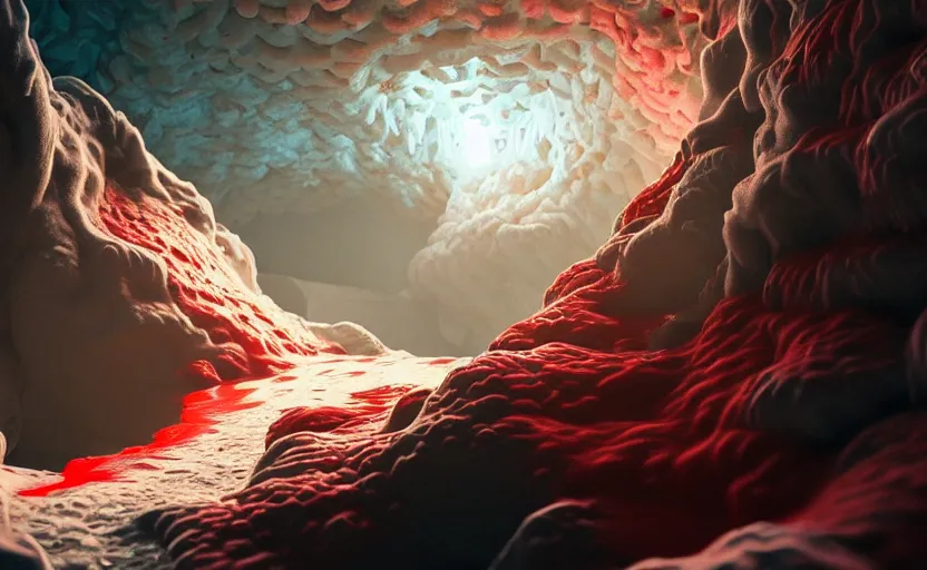 Prompt: liquid nitrogen and red water-cooling coolant flowing through latent representations of ice caverns by centrifugal forces, gaming pc circuitry sticking out the walls!!!!, high detail, high contrast!, low-poly elements!!!, trending on artstation, octane render, subsurface scattering, 4k