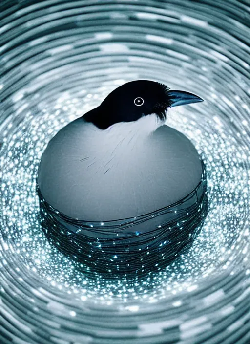 Image similar to realistic photo portrait of common bird with white feathers many cords leds and detailed wires, spherical black helmets, in a big pool filled with mercury, the sky is grey, 2 0 0 0, life magazine photo,