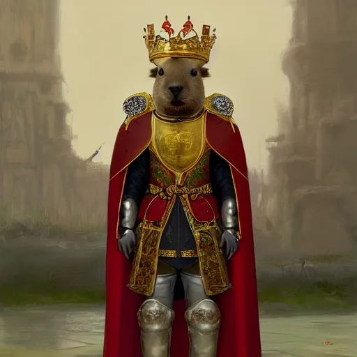 Prompt: detailed photorealistic painting of a capybara, wearing a detailed ornamented gold crown with diamonds, in a medieval knight armor with red cape, standing in front of a detailed castle, sharp focus in the style of ruan jia, Mandy jurgens, cinematic light, concept art, trending on artstation, ultra realistic