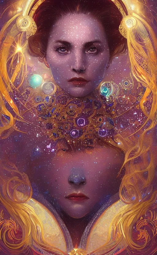 Image similar to portrait of a cosmic goddess, suit made out of stars and galaxies and cosmic energy, intricate, headshot, highly detailed, digital painting, artstation, concept art, sharp focus, cinematic lighting, illustration, art by artgerm and greg rutkowski, alphonse mucha, cgsociety