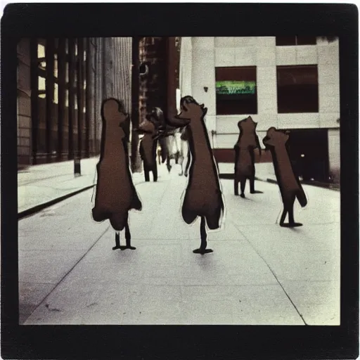 Image similar to wide-shot low-angle photo of empty!!! animated walking ghostly people (((heads))) at the street in New York, polaroid photo, by Andy Warhol, signed