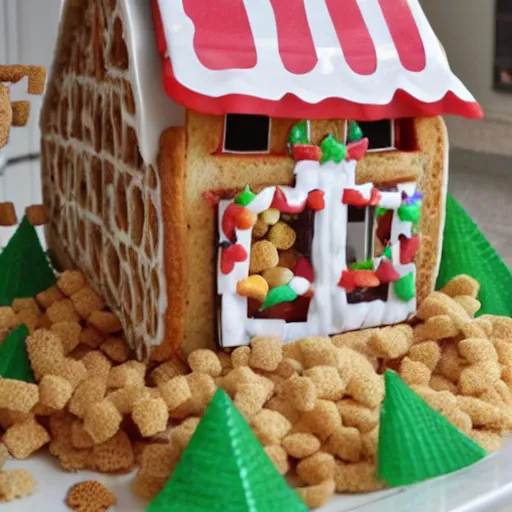 Prompt: a cinnamon - toast - crunch house, party platter, arranged to look like a house, for the holidays