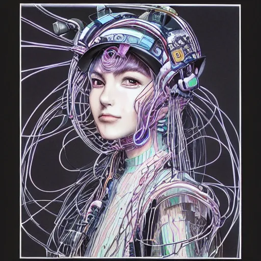 Prompt: scifi portrait of a girl wearing a strange mechanical hat covered in loose wires, copic marker, by Terada Katsuya, yoshitaka amano, tatsuyuki tanaka