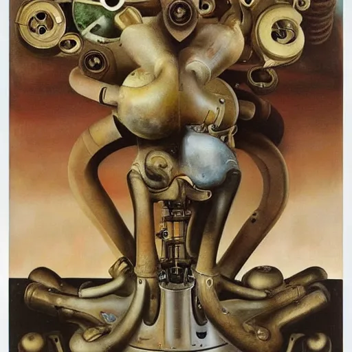 Image similar to Oil painting by Dali. Two mechanical trash gods with animal faces kissing. Oil painting by Hans Bellmer.