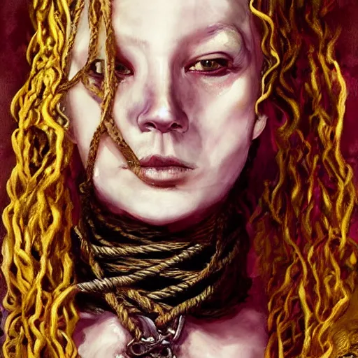 Image similar to portrait of a Shibari rope wrapped face and neck, headshot, insanely nice professional hair style, dramatic hair color, digital painting, of a old 15th century, old cyborg merchant, amber jewels, baroque, ornate clothing, scifi, realistic, hyperdetailed, chiaroscuro, concept art, art by Franz Hals and Jon Foster and Ayami Kojima and Amano and Karol Bak,