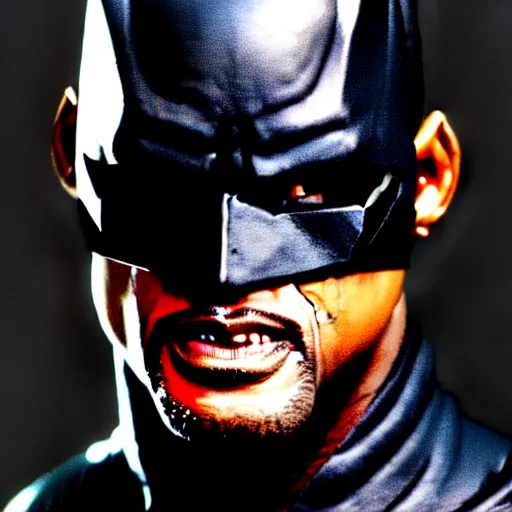 Image similar to of a photo of will smith as batman with a serious face looking at the camera, f 2. 8