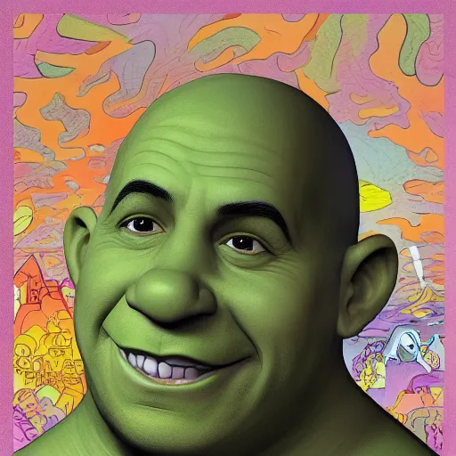 Prompt: a detailed painting of a shrek poorly disguised as vin diesel by Junji ito and Lisa frank, mobius, giger, escher, muted color scheme, artstation,8k,artstationHD,artstationHQ, cinematic, diffuse lighting