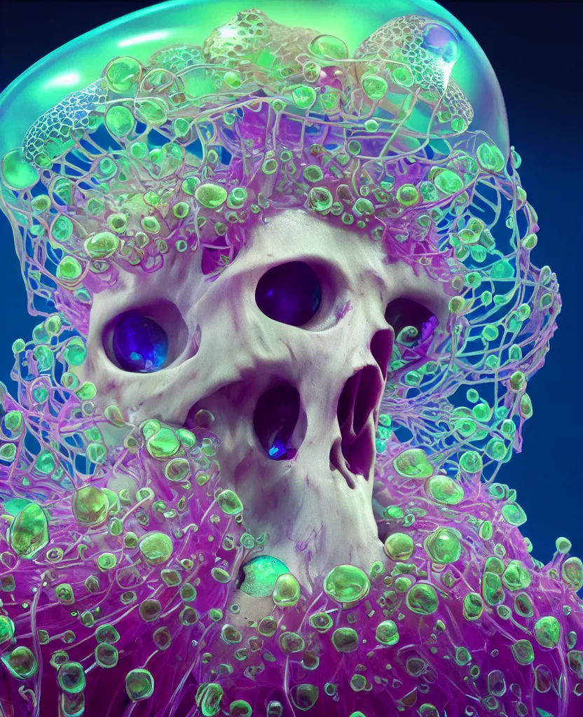 Image similar to close-up portrait of skull dichroic orchid jellyfish skull, betta fish, bioluminiscent creatures, intricate artwork by Tooth Wu and wlop and beeple. octane render, trending on artstation, greg rutkowski very coherent symmetrical artwork. cinematic, hyper realism, high detail, octane render, 8k