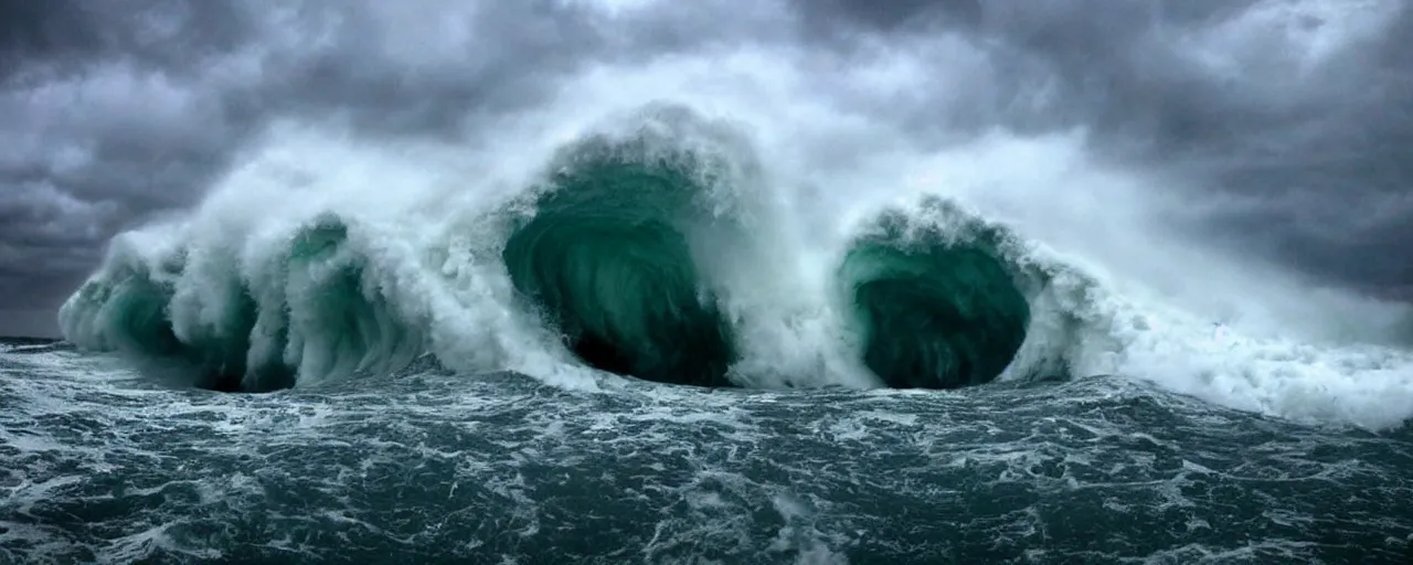 Prompt: 4 0 0 meter monster wave about to crash, green waters, storm, dramatic ligthting, atmospheric, mega tsunami