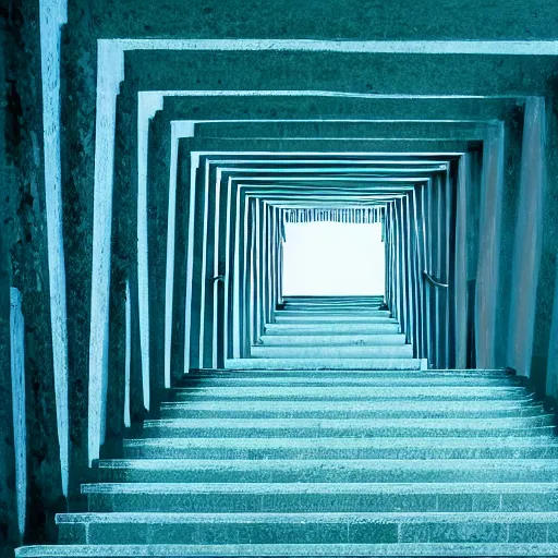 Image similar to liminal staircase in the middle of a long hallway, shallow blue water