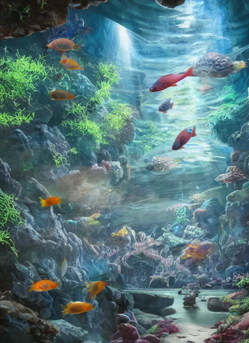 Image similar to people observing lots of beautiful fish in an underground aquarium corridor, in the style of frank neidhardt, fantasy art, ray tracing, water droplets, highly detailed, artstation trend, highly detailed and intricate, sharp focus, photography, unreal engine 5