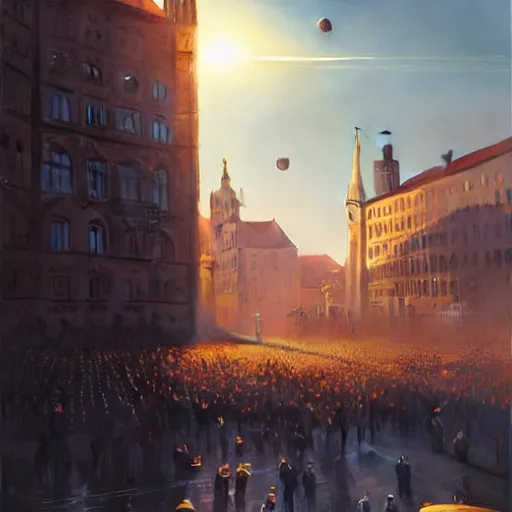 Image similar to , city of munich!!!, huge bright meteor falling from the skies!!!, people in panic!!, hyperrealistic, highly detailed, cinematic, golden sunlight, beautiful, cgssociety, artstation, 8 k, oil painting by greg rutkowski, by artgerm, by wlop