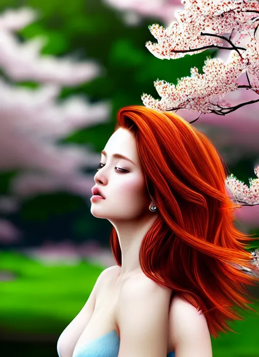 Prompt: photo of a gorgeous female with auburn hair in the style of stefan kostic, realistic, half body shot, sharp focus, 8 k high definition, insanely detailed, intricate, elegant, art by stanley lau and artgerm, extreme blur cherry blossoms background