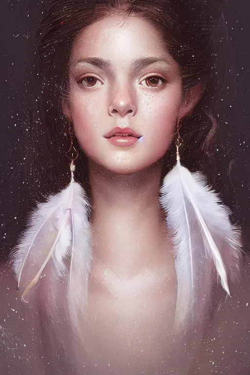 Prompt: portrait of spanish girl with feather background, staring directly into camera, intricate, elegant, glowing lights, highly detailed, digital painting, artstation, sharp focus, illustration, art by wlop, mars ravelo and greg rutkowski