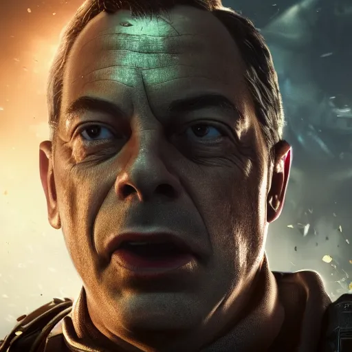 Image similar to Portrait of Nigel Farage in Gears of War, splash art, movie still, cinematic lighting, dramatic, octane render, long lens, shallow depth of field, bokeh, anamorphic lens flare, 8k, hyper detailed, 35mm film grain