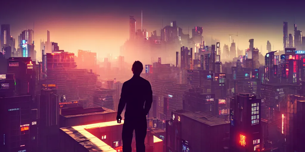 Prompt: a view of a man's back standing on top of a building, with cyberpunk city buildings in the background, volumetric light, cinematic, moody
