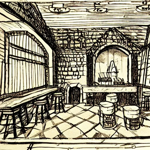 Sketch of a medieval tavern with one floor, a counter, | Stable Diffusion