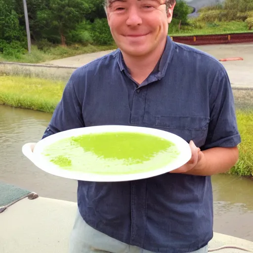 Prompt: JD posing with his bowl of cucumber soup