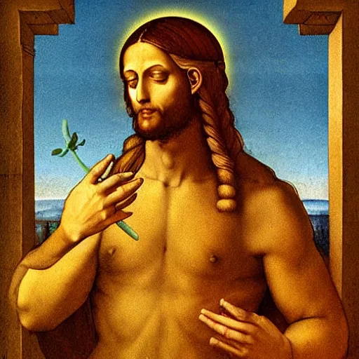 Prompt: jesus lifting a banana up into the air, digital art, emotional and powerful pose, by leonardo da vinci